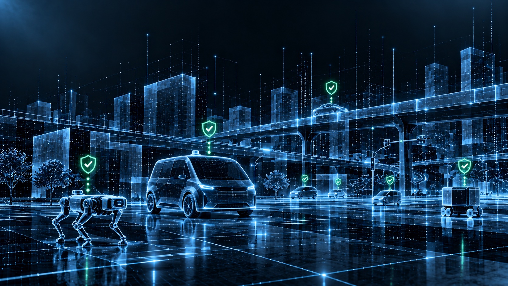Autonomous systems: a robot, a van, cars and a delivery cart moving through a city, each protected by a green shield