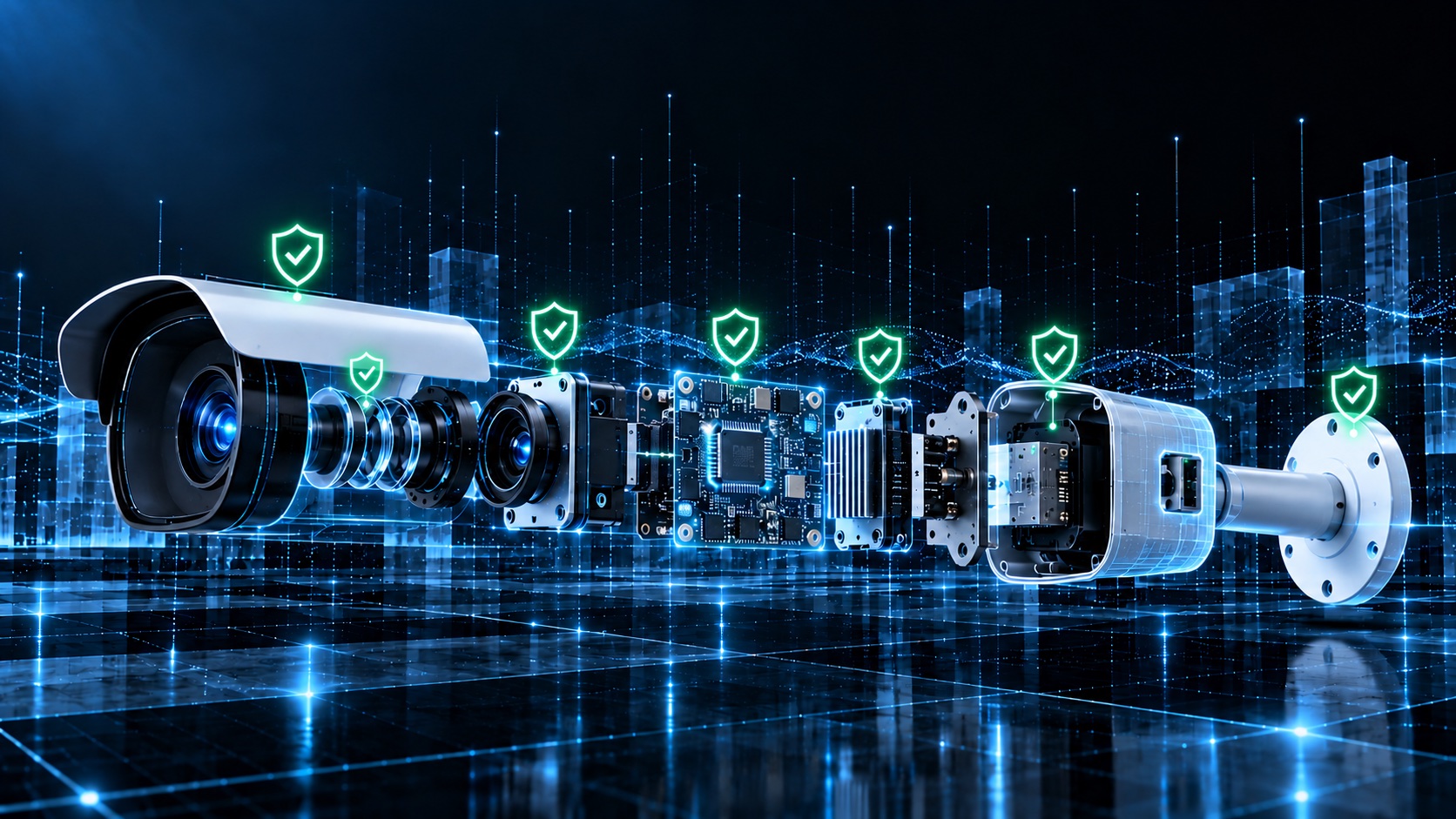 Cyber-physical security: a CCTV camera opening up into its parts, each part verified with a green shield